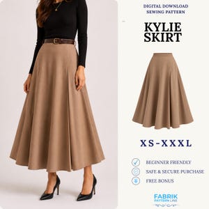 Peut inclure: Un patron de couture numérique pour la jupe Kylie, disponible en tailles XS-XXXL. L'image montre une jupe midi trapèze beige avec une taille haute et une ceinture marron, accompagnée de texte indiquant qu'elle est facile pour débutants.