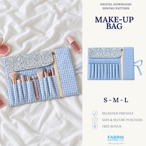 May include: A digital download sewing pattern for a make-up bag in sizes S-M-L. The bag features a blue and white gingham fabric, a floral print flap, and multiple interior slots for brushes and cosmetics. Text includes "DIGITAL DOWNLOAD SEWING PATTERN", "MAKE-UP BAG", "S-M-L", "BEGINNER FRIENDLY", "SAFE & SECURE PURCHASE", "FREE BONUS", and "FABRIK PATTERN LINE".