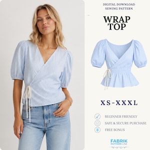 May include: A digital download sewing pattern for a light blue and white striped wrap top with puff sleeves and a side tie closure. The text reads: DIGITAL DOWNLOAD SEWING PATTERN, WRAP TOP, XS-XXXL, BEGINNER FRIENDLY, SAFE & SECURE PURCHASE, FREE BONUS, FABRIK PATTERN LINE.