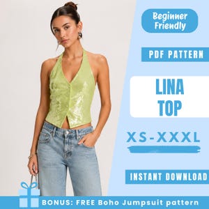 Puede incluir: Una mujer con un top halter de lentejuelas verde lima y vaqueros azul claro. La imagen incluye texto que dice "Beginner Friendly", "PDF Pattern", "Lina Top", "XS-XXXL" y "Instant Download". Bono: Patrón de mono Boho GRATIS.