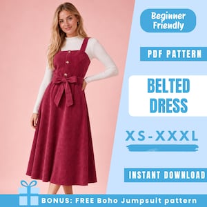 Belted Overall Dress Sewing Pattern PDF | Pinafore Dress Pattern | Sleeveless Midi Dress | Easy Beginner Pattern | Women Sewing Pattern