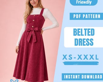 Belted Overall Dress Sewing Pattern PDF | Pinafore Dress Pattern | Sleeveless Midi Dress | Easy Beginner Pattern | Women Sewing Pattern