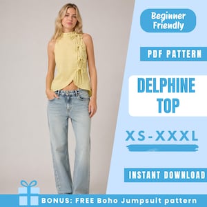 May include: A woman wearing a yellow halter top and light blue jeans. The top has tie details and a unique cut. Text on the image reads "DELPHINE TOP" and "XS-XXXL". Additional text indicates a PDF pattern and a bonus free jumpsuit pattern.