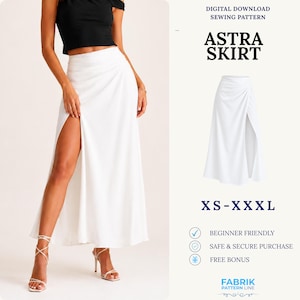Könnte beinhalten: Ein digitales Schnittmuster zum Download für den Astra-Rock, erhältlich in den Größen XS-XXXL. Der Rock ist ein langes, weißes Kleidungsstück mit hoher Taille, Seitenschlitz und Raffungen an der Taille, getragen mit einem schwarzen Oberteil.