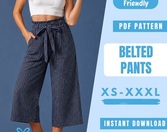 Easy Belted Waist Pants Sewing Pattern PDF | Belted Wide Leg Pants Pattern | High Waist Trousers | Beginner Friendly | Instant Download