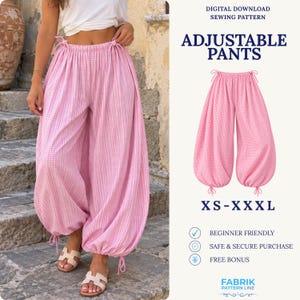 May include: Digital download sewing pattern for adjustable pants in pink and white gingham. The pants feature a loose, voluminous silhouette with drawstring ties at the waist and ankles. Text includes: DIGITAL DOWNLOAD SEWING PATTERN, ADJUSTABLE PANTS, XS-XXXL, BEGINNER FRIENDLY, SAFE & SECURE PURCHASE, FREE BONUS, FABRIK PATTERN LINE.