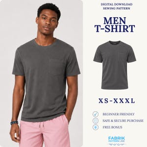 Puede incluir: Un patrón de costura de descarga digital para una camiseta gris carbón de manga corta con un bolsillo en el pecho. El texto dice DIGITAL DOWNLOAD SEWING PATTERN, MEN T-SHIRT, XS-XXXL, BEGINNER FRIENDLY, SAFE & SECURE PURCHASE, FREE BONUS, FABRIK PATTERN LINE.