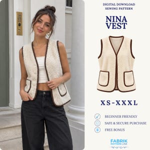 May include: A digital download sewing pattern for the Nina Vest, featuring a cream-colored fleece vest with dark brown trim, buttons, and two front pockets. The pattern is available in sizes XS to XXXL and is labeled as beginner friendly.