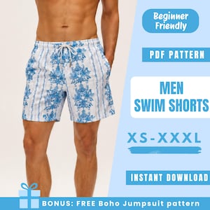 Puede incluir: Pantalones cortos de baño con estampado floral azul y blanco y cintura con cordón. Los pantalones cortos tienen un patrón de rayas verticales y están etiquetados como "MEN SWIM SHORTS" con tallas XS-XXXL. También incluye el texto "Beginner Friendly" y "Instant Download".