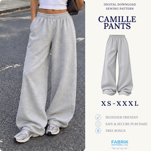 Può includere: Pantaloni della tuta grigio chiaro a gamba larga con elastico in vita. Il cartamodello digitale si intitola Camille Pants ed è disponibile nelle taglie XS-XXXL. La grafica include un testo che indica che il modello è adatto ai principianti.