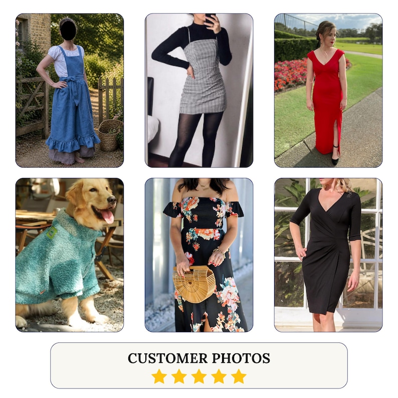 May include: A collection of customer photos featuring a blue linen apron, a black and white plaid dress, a red floor-length gown, a teal textured dog coat, a black floral off-the-shoulder dress, and a black wrap dress with three-quarter sleeves.