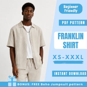 May include: A light beige linen shirt and matching trousers. The shirt features short sleeves and a button-down design. The image includes text that reads "FRANKLIN SHIRT" and "XS-XXXL". The text "Beginner Friendly" and "Instant Download" are also visible.