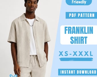 Franklin Shirt Sewing Pattern PDF | Men Button Up Shirt Pattern | Short Sleeve Camp Collar Shirt | Easy Beginner Pattern | Instant Download