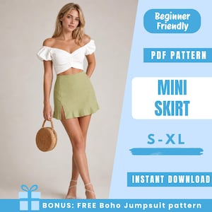 Puede incluir: Una mujer con un top blanco con hombros descubiertos y una minifalda verde claro con abertura lateral. Sostiene un bolso redondo tejido. La imagen incluye texto: "Beginner Friendly", "PDF Pattern", "Mini Skirt", "S-XL" e "Instant Download".