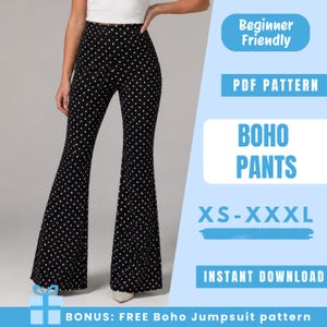 Puede incluir: Pantalones negros de talle alto con estampado de lunares blancos y perneras acampanadas. La imagen incluye el texto: Beginner Friendly, PDF PATTERN, BOHO PANTS, XS-XXXL, INSTANT DOWNLOAD y BONUS: FREE Boho Jumpsuit pattern.