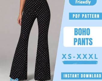 Boho Flare Pants Sewing Pattern PDF | High Waist Bell Bottom Pants Pattern | Retro Knit Pants | Beginner Friendly | Instant Download