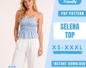 Selena Top Sewing Pattern PDF | Shirred Tube Top Pattern | Strapless Peplum Top | Easy Beginner Pattern | Women Sewing Pattern