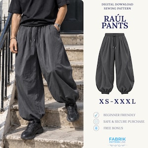 May include: Dark gray loose-fitting pants with an elastic waistband, drawstring, and gathered elastic cuffs at the ankles. The text reads DIGITAL DOWNLOAD SEWING PATTERN RAÚL PANTS XS-XXXL BEGINNER FRIENDLY SAFE & SECURE PURCHASE FREE BONUS FABRIK PATTERN LINE.