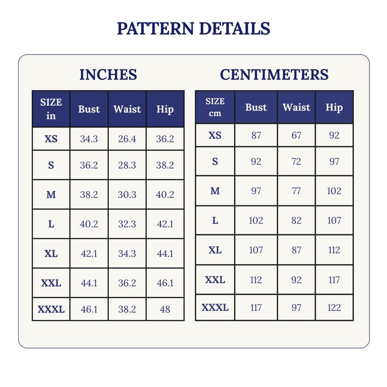 May include: A size chart titled PATTERN DETAILS with two tables. The left table lists measurements in inches for bust, waist, and hip across sizes XS to XXXL. The right table lists corresponding measurements in centimeters for the same sizes.