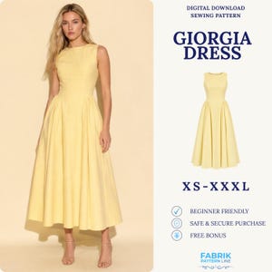 Puede incluir: Un vestido midi amarillo pálido sin mangas con corpiño ajustado y falda amplia plisada. El texto dice: DIGITAL DOWNLOAD SEWING PATTERN, GIORGIA DRESS, XS-XXXL, BEGINNER FRIENDLY, SAFE & SECURE PURCHASE, FREE BONUS, FABRIK PATTERN LINE.