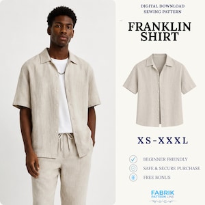 Franklin Shirt Sewing Pattern PDF | Men Button Up Shirt Pattern | Short Sleeve Camp Collar Shirt | Easy Beginner Pattern | Instant Download