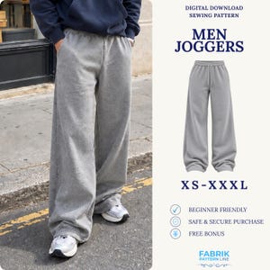 Puede incluir: Patrón de costura digital descargable para pantalones de chándal grises con cintura elástica y cordón. El texto dice DIGITAL DOWNLOAD SEWING PATTERN, MEN JOGGERS, XS-XXXL, BEGINNER FRIENDLY, SAFE & SECURE PURCHASE, FREE BONUS, FABRIK PATTERN LINE.