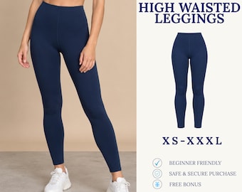 Puede incluir: Un patrón de costura digital descargable para leggings de cintura alta en tallas XS-XXL. La imagen muestra unos leggings azul marino lisos con cintura alta, junto con el texto: DIGITAL DOWNLOAD SEWING PATTERN HIGH WAISTED LEGGINGS.