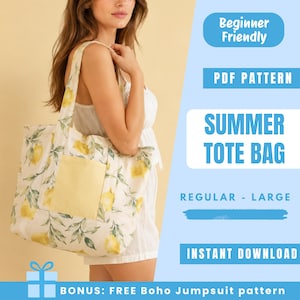 Puede incluir: Un bolso tote con estampado de limones y hojas verdes sobre fondo blanco con un bolsillo cuadrado de color amarillo claro. El texto en la imagen incluye Beginner Friendly, PDF PATTERN, SUMMER TOTE BAG, REGULAR - LARGE, INSTANT DOWNLOAD y BONUS: FREE Boho Jumpsuit pattern.