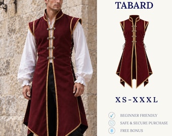 May include: A digital download sewing pattern for a sleeveless tabard featuring a deep burgundy color with gold trim, a high collar, and ornate metal clasps down the front. The design includes side lacing and a pointed hem, available in sizes XS-XXXL.