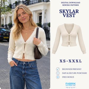 Peut inclure: Un patron de couture numérique à télécharger pour le gilet Skylar, un cardigan crème à manches longues avec une encolure en V et deux attaches à nouer sur le devant. Le patron est disponible en tailles XS à XXXL et est pour débutants.