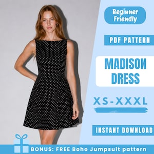 Può includere: Un abito nero senza maniche con un motivo a pois bianchi. L'immagine include il testo: Beginner Friendly, PDF PATTERN, MADISON DRESS, XS-XXXL, INSTANT DOWNLOAD e BONUS: FREE Boho Jumpsuit pattern. L'abito presenta un corpetto aderente.