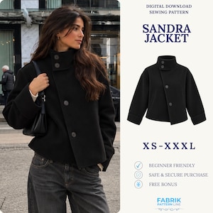 May include: A black jacket with a high collar, long sleeves, and a diagonal button closure. The text reads: DIGITAL DOWNLOAD SEWING PATTERN, SANDRA JACKET, XS-XXL, BEGINNER FRIENDLY, SAFE & SECURE PURCHASE, FREE BONUS, FABRIK PATTERN LINE.