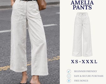 Könnte beinhalten: Digitales Schnittmuster zum Download für die Amelia Hose, erhältlich in den Größen XS-XXXL. Das Bild zeigt eine cremeweiße Hose mit weitem Bein, hoher Taille, Gürtelschlaufen und aufgesetzten Vordertaschen. Der Text umfasst "DIGITAL DOWNLOAD SEWING PATTERN", "AMELIA PANTS", "XS-XXXL", "BEGINNER FRIENDLY", "SAFE & SECURE PURCHASE", "FREE BONUS" und "FABRIK PATTERN LINE".