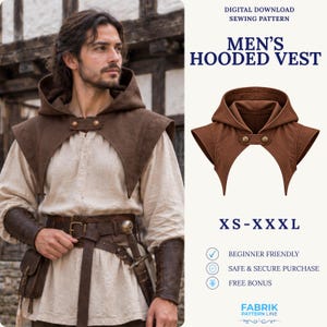 Könnte beinhalten: Eine braune Kapuzenweste mit spitzem Saum und einem vorderen Riegelverschluss mit zwei Metallknöpfen. Der Text auf dem Bild lautet: DIGITAL DOWNLOAD SEWING PATTERN, MEN'S HOODED VEST, XS-XXL, BEGINNER FRIENDLY, SAFE & SECURE PURCHASE, FREE BONUS, FABRIK PATTERN LINE.