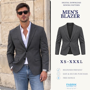 Könnte beinhalten: Ein digitales Schnittmuster zum Herunterladen für einen anthrazitfarbenen Blazer mit steigendem Revers, zwei Knöpfen vorne und zwei Pattentaschen. Der Text lautet: DIGITAL DOWNLOAD SEWING PATTERN, MEN'S BLAZER, XS-XXXL, BEGINNER FRIENDLY, SAFE & SECURE PURCHASE, FREE BONUS, FABRIK PATTERN LINE.