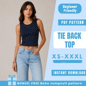 Puede incluir: Un top sin mangas azul marino con lunares blancos y espalda anudada, combinado con vaqueros azul claro. La imagen incluye el texto "Beginner Friendly", "PDF Pattern", "Tie Back Top", "XS-XXXL" y "Instant Download".