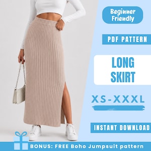 Puede incluir: Una falda larga de canalé en color beige con abertura lateral, combinada con una camiseta blanca de manga larga y zapatillas blancas. El texto dice: Beginner Friendly, PDF PATTERN, LONG SKIRT, XS-XXXL, INSTANT DOWNLOAD, BONUS: FREE Boho Jumpsuit pattern.