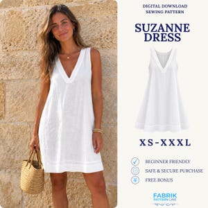 Puede incluir: Un vestido blanco sin mangas con escote en V y silueta acampanada. La imagen incluye el texto: DIGITAL DOWNLOAD SEWING PATTERN, SUZANNE DRESS, XS-XXXL, BEGINNER FRIENDLY, SAFE & SECURE PURCHASE, FREE BONUS y FABRIK PATTERN LINE.