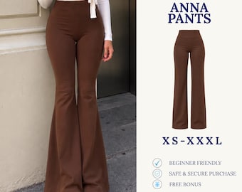 Könnte beinhalten: Ein digitales Schnittmuster zum Herunterladen für die Anna-Hose, eine braune Schlaghose mit hoher Taille. Das Schnittmuster ist in den Größen XS bis XXXL erhältlich und enthält Hinweise für Anfänger, sicheren Kauf und Gratis-Bonus.