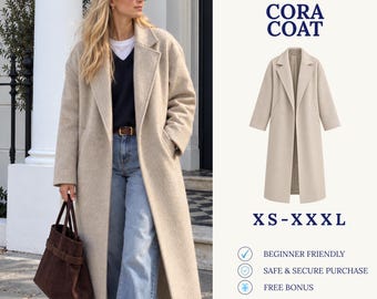 May include: A digital download sewing pattern for the Cora Coat, available in sizes XS-XXXL. The design features a long, beige, open-front coat with notched lapels and long sleeves. The text includes Digital Download Sewing Pattern, Cora Coat, XS-XXXL, Beginner Friendly, Safe & Secure Purchase, Free Bonus, and Fabrik Pattern Line.
