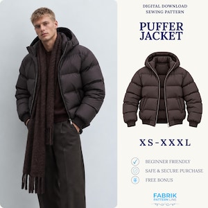 Puede incluir: Un patrón de costura de descarga digital para una chaqueta acolchada de color marrón oscuro con capucha, mangas largas y cierre de cremallera. El texto dice: Digital Download Sewing Pattern, Puffer Jacket, XS-XXXL, Beginner Friendly, Safe & Secure Purchase, Free Bonus, Fabrik Pattern Line.