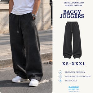 Könnte beinhalten: Ein digitales Schnittmuster zum Herunterladen für eine weite Jogginghose in den Größen XS-XXXL. Das Bild zeigt eine dunkel anthrazitfarbene Jogginghose mit Kordelzug und weitem Bein, sowohl an einer Person als auch einzeln. Text: BAGGY JOGGERS.
