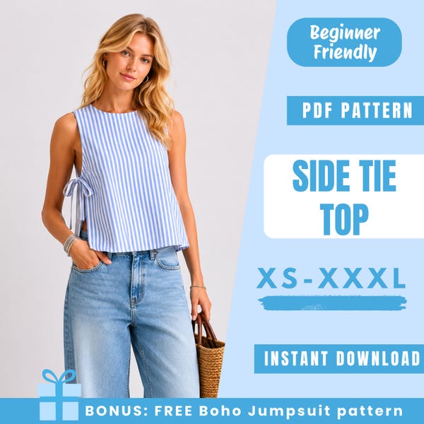 Side Tie Top Sewing Pattern PDF | Sleeveless Tie Side Blouse Pattern | Minimalist Summer Top | Easy Beginner Pattern | Women Sewing Pattern