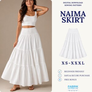 Op de afbeelding: Een witte gelaagde maxirok met een gesmokte elastische tailleband. Het digitale naaipatroon is gelabeld als Naima Skirt en bevat de maten XS-XXXL. De tekst op de afbeelding luidt Digital Download Sewing Pattern, Naima Skirt, XS-XXXL, Beginner Friendly, Safe & Secure Purchase, Free Bonus en Fabrik Pattern Line.