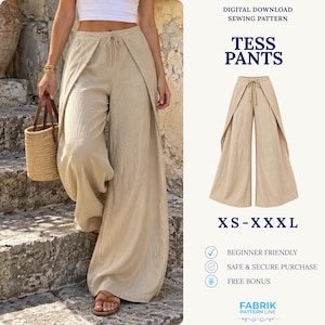 May include: Beige wide-leg trousers with a front overlay panel and a drawstring waist. The digital download sewing pattern is labelled TESS PANTS and includes sizes XS-XXXL. The design features a loose, flowing silhouette with a textured fabric finish.