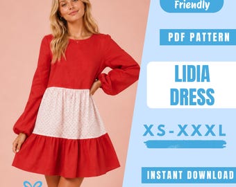Schnittmuster für ein gestuftes Kleid (PDF) | Schnittmuster für ein langärmeliges Minikleid | Rüschenkleid | Einfaches Anfänger-Schnittmuster | Damen-Schnittmuster