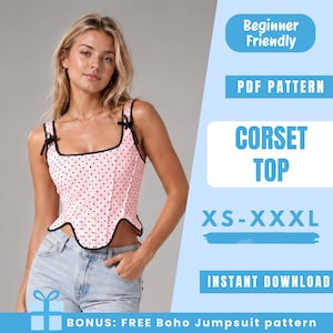 Schnittmuster für ein Korsett-Top (PDF) | Korsett-Schnürung | Bustier-Top mit Rückenspitze | Einfaches Anfänger-Schnittmuster | Damen-Schnittmuster