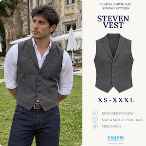Puede incluir: Un patrón de costura digital descargable para el chaleco Steven, disponible en tallas XS-XXXL. La imagen muestra un chaleco gris oscuro con solapa de muesca y cinco botones, junto con texto que indica un patrón para principiantes de Fabrik Pattern Line.