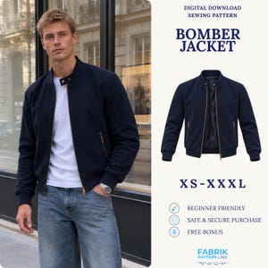 Peut inclure: Un blouson bomber bleu marine avec un col montant, une fermeture éclair dorée et des poignets côtelés. Le texte indique : DIGITAL DOWNLOAD SEWING PATTERN, BOMBER JACKET, XS-XXXL, BEGINNER FRIENDLY, SAFE & SECURE PURCHASE, FREE BONUS, FABRIK PATTERN LINE.