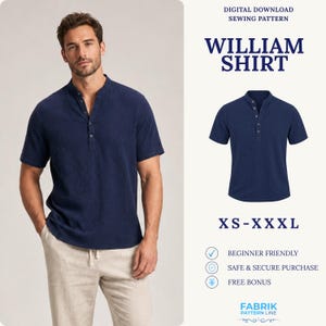 Könnte beinhalten: Ein digitales Schnittmuster zum Download für das William Shirt, ein kurzärmeliges, marineblaues Hemd mit strukturiertem Stoff, Stehkragen und Knopfleiste. Das Schnittmuster ist in den Größen XS-XXXL erhältlich und anfängerfreundlich.